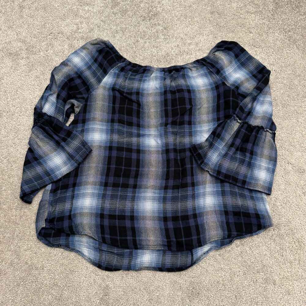 By & By Off The Shoulder Bell Sleeve Soft Knit Blouse Top Womens L Blue Plaid